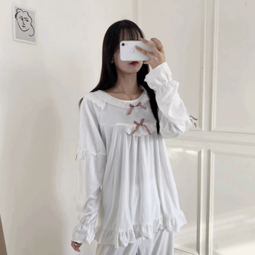 [무배/봄신상]리본 두개 퓨어린 투피스 파자마 SM 잠옷세트